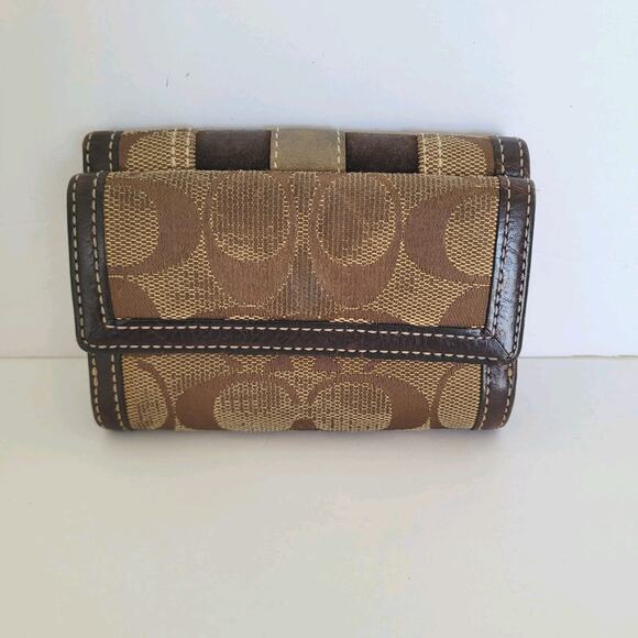 COACH Vtg Card Bill Holder Brown Small Small Mini Wallet Geniue Leather Canvas - Picture 2 of 10